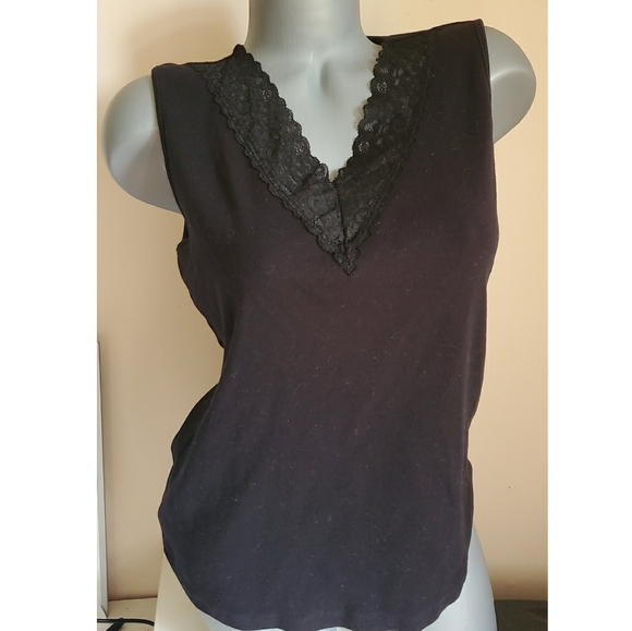 Laura Ashley Black Vneck Tank with Lace - Picture 1 of 4